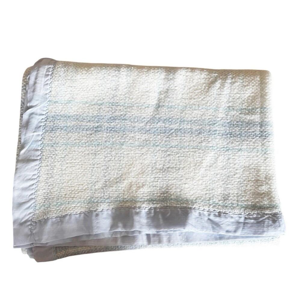 Vintage Cotton Woven Baby Blanket Blue Embroidered Waffle Satin Trim Large 68x88